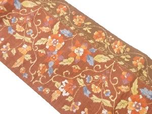 手織り紬縞に花唐草模様織出し名古屋帯